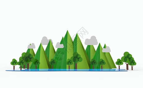 云平坦的山地湖树白底3D插图上隔绝的白色树美丽图片
