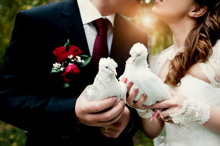 情怀怀揣着默然鸽派新娘外部婚夫妇拿着一对白鸽婚礼新夫妇拿着一对