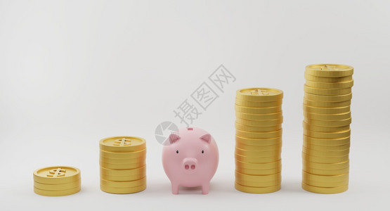 收入帐户粉红小猪银行和不断增长的白背景图表金币节省资和融规划概念3D投影三维预算图片