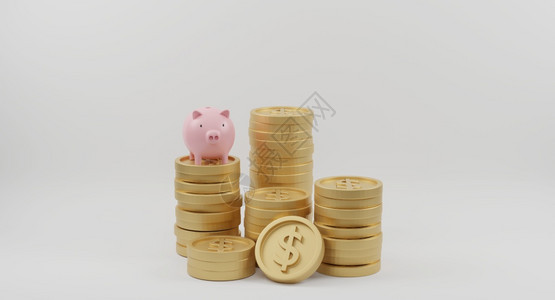 支付粉红小猪银行和金币堆叠在白色背景上节省金钱和融规划概念3D翻转经济金子图片