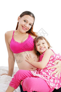 婴儿喜悦女孩与一起怀着美丽的孕妇图片