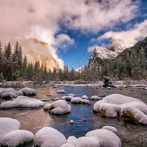 Yosemite公园美冬季加利福尼亚州河风景优美首脑图片