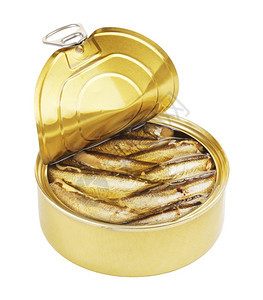 海鲜包装用沙丁鱼打开锡罐在白色背景上隔离闪亮的图片