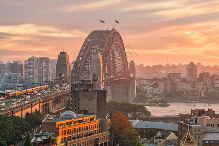 地标澳洲悉尼市下城天际的线暮景观图片