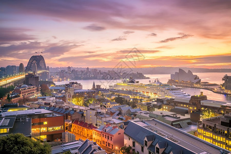 地标晚上澳洲悉尼市下城天际的线旅行图片
