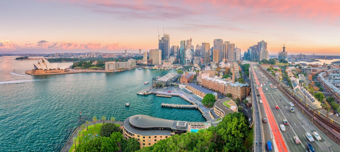 澳洲悉尼市下城天际的线建筑学市中心暮图片
