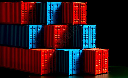 码头金属进口蓝色和红集装箱堆垛进出口物流货运船集装箱组公司货运和物流全球商业集装箱货船图片