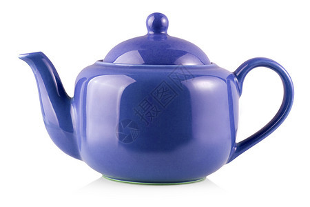 蓝色茶壶Ketle孤立于白色背景热目的文化图片