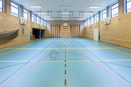 舍内维尔为学校体育课开设的空欧元体操班运动在室内背景图片