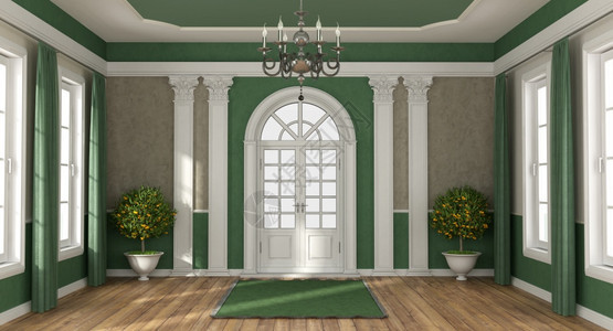 优质的建筑学花瓶一间豪华别墅的住宅入口典型风格关闭前门3D为一座豪华别墅的绿色和棕家庭入口图片