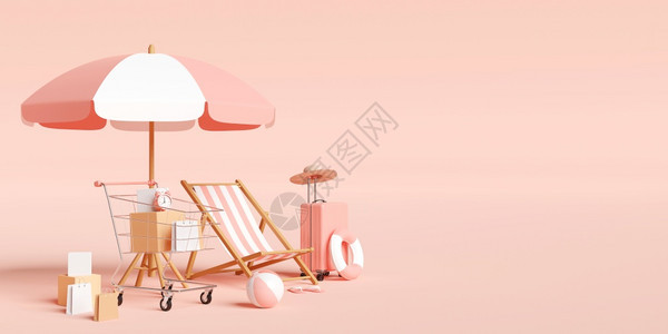 商业季节夏销售横幅带有海滩附件的购物车粉红色背景的行李3个插图美丽的图片