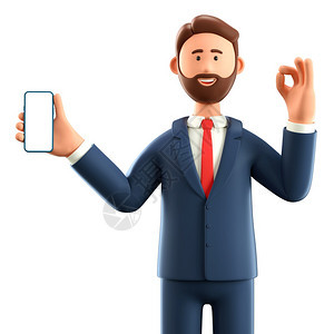 成人空白的3D插图持智能手机空白屏幕的站立男子用手势以白色背景与世隔绝用电话演示和显OK手势将笑着漫画商人的肖像贴上广告图片
