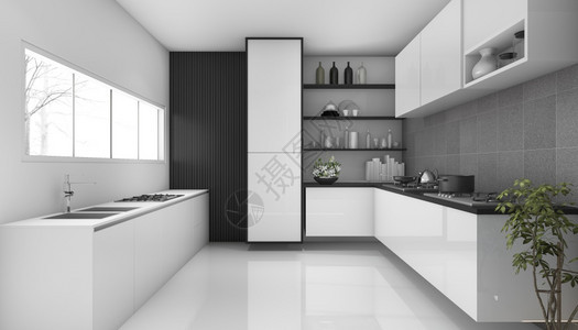 内部的3d化白色阁楼为现代厨房风格装饰木头图片
