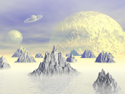 景观风优美幻想充满岩山雾和行星的白色风景图片