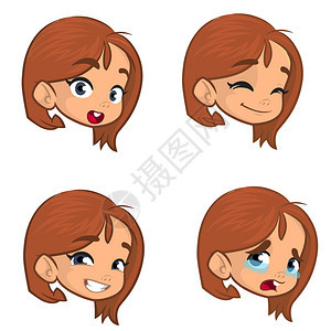 年轻女孩制作四个不同的面容表达式女孩脸的表情矢量插图卡通滑稽小男孩头概述快乐的有趣图片