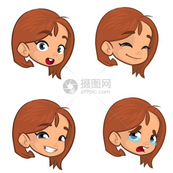 年轻女孩制作四个不同的面容表达式女孩脸的表情矢量插图卡通滑稽小男孩头概述快乐的有趣图片