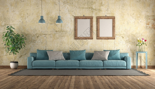 灯现代蓝色沙发在一个旧房间里有墙壁的老房里三D制成现代蓝色沙发在一间古屋里家玫瑰图片