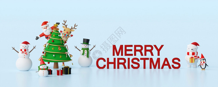 礼物企鹅有创造力的圣诞快乐和新年圣誕老人与朋友庆祝圣诞节日的班纳3D图片
