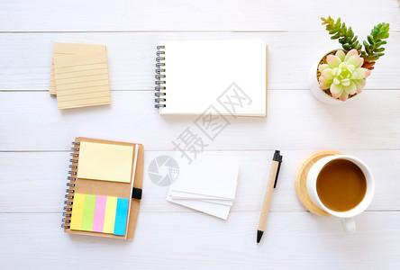 文档商业白木桌背景的空纸名片笔和咖啡有文本复制空间最高视图文字软垫图片