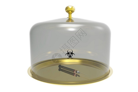 警告钟玻璃铃下有针的塑料式注射器3D制成在白色上隔离盘子图片