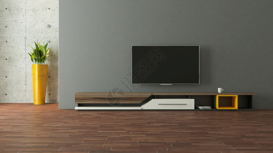 现代电视台式设计室内有墙壁装饰思想3D使成为锅渲染图片