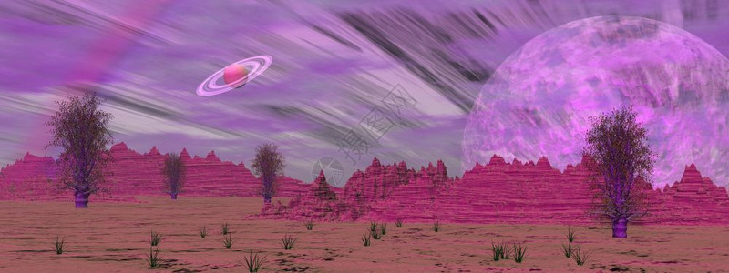 红色的充满岩山树木雾和行星的紫色地貌天上多雾路段图片