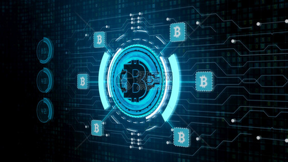 钱金融电子的数字网络空间中的比特币货符号商业和技术网络概念Bitcoin货币标志图片