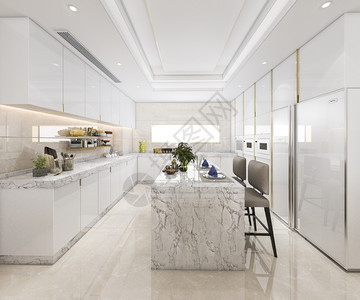 3D提供白色最小厨房配有豪华装饰品最小的内部阁楼图片