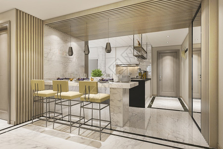 翻新3D提供白色最小厨房配有豪华装饰品公寓酒吧图片