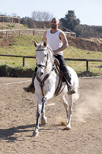 听话活动国内的在沙地上骑白马的穿散装年轻人图片
