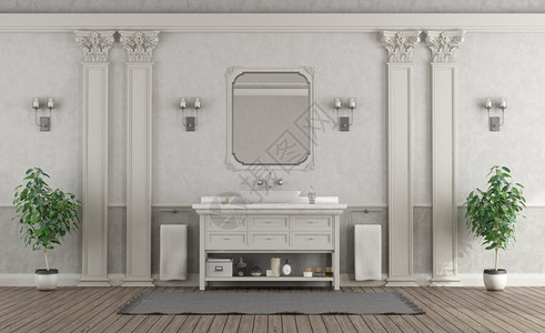 豪华白色和灰家庭浴室色柜子上有优雅的水槽3D制成豪华白色和灰家庭浴室柱子经典的脚凳图片