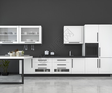 现代的3d提供白色最小模型厨房装有木质饰品家具器图片