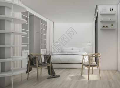 木头3D提供白色干净的现代卧室用扫描型椅子门休息图片