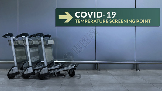 Covid19状况机场在直接进入温度检查点卫生问题旅行和运输概念终端站的机场签字Covid19状况游客出港大流行图片