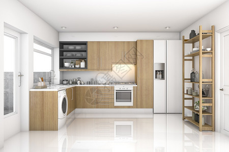 厨具白色的3d提供木柴现代洗衣房和厨斯堪的纳维亚语图片