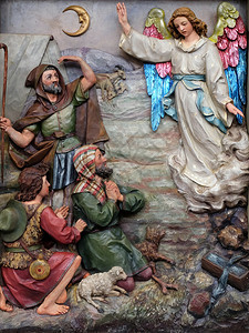 伯利恒上帝的天使拜访了牧羊人并告诉他们诞生的消息在克罗地亚施蒂尔圣马修教堂的里内部的古董图片