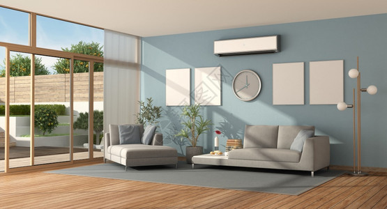 护发素白色的一个现代别墅蓝色客厅有沙发聊天室和空调机3天建成一个现代别墅的蓝灰色客厅软垫图片