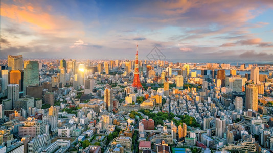 日本城市暮建筑物日本落时东京市天际和塔大楼的全景观日本建筑学背景