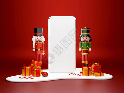 圣诞购物在线概念带有坚果和圣诞礼物的智能手机3个插图圣诞节克劳斯传单图片