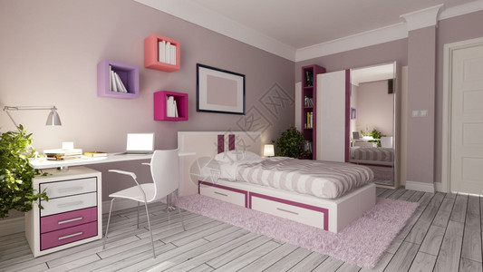 地面有创造力的青少年女孩卧室内设计构想紫色的图片