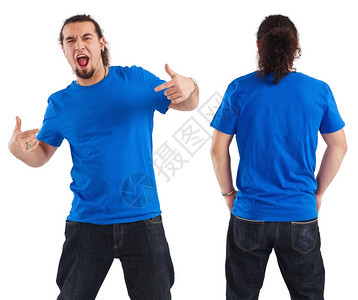常设早期的照片中一位男在30多岁时指着他空白的蓝衬衫前面和背的视图准备为您的艺术作品或设计做准备为了图片