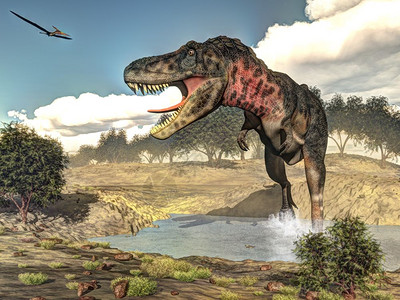 白垩纪昼在罗马里斯植物旁边咆哮时行走的Tarbosaurus3D变成塔博龙恐3D尽管形象的背景图片