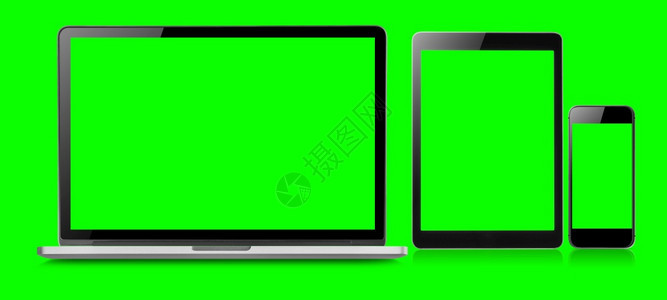 空白的监视器现代在绿色背景上隔离的垂直位置上笔记本电脑平板和移动空白绿色屏幕的模拟图像概念装置模拟型设备图片