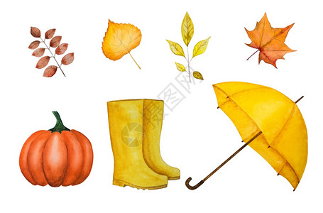 美丽的水彩图画雨伞和其他东西在秋天需要的东西关闭最高视野没有人美丽的水彩画伞和其它东西美丽水彩画事物气象人们图片