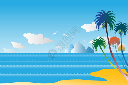时间以椰子和海滩为面的背景在群岛蓝色和沙滩之间的水浪中形成椰子和海滩夏季时以天空云为背景飞行的鸟家庭蓝色图片