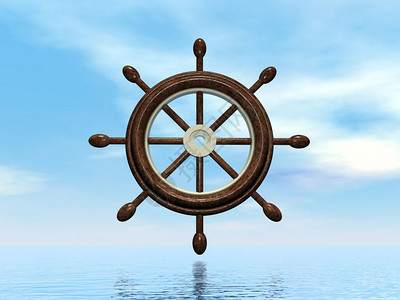 蓝色海洋船轮上美丽的旧木制轮式游艇形象的棕色图片