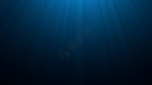 射线形象的深蓝色海底有阳光线穿过海面波浪背景的浅蓝海底色太阳束下的黑暗场景海洋和生3D插图抽象的图片