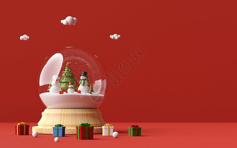 装饰圣诞快乐和新年雪人在球中庆祝圣诞节日红背景的圣诞礼物3D投影天微笑图片