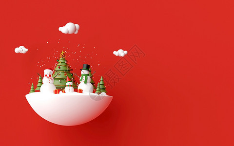 围巾新的白色圣诞快乐和新年雪人庆祝圣诞节日餐礼物红底色3D赠品图片