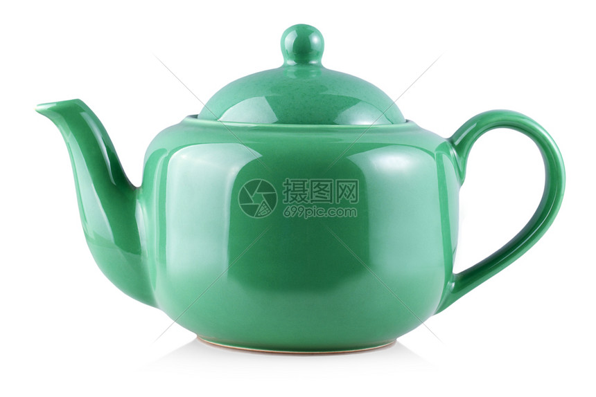 绿色茶壶Ketle孤立于白色背景仪式餐具陶瓷制品图片